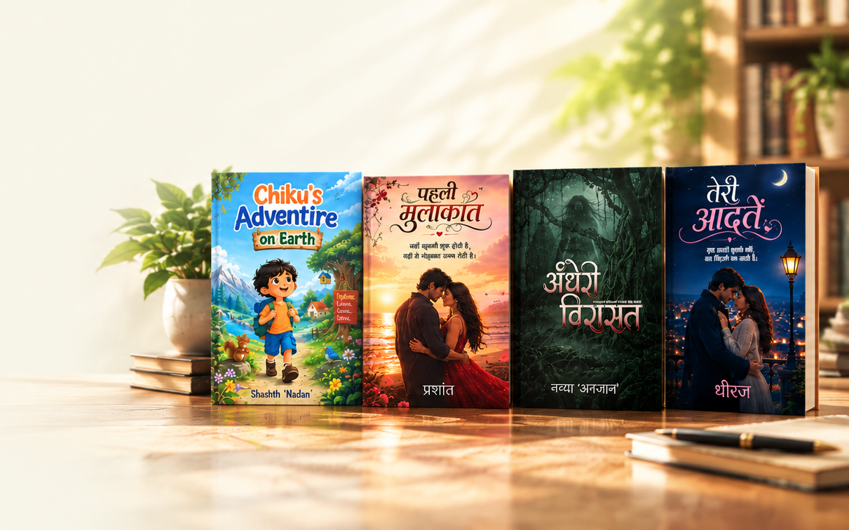 Published books by Vidya Press authors displayed on a wooden shelf